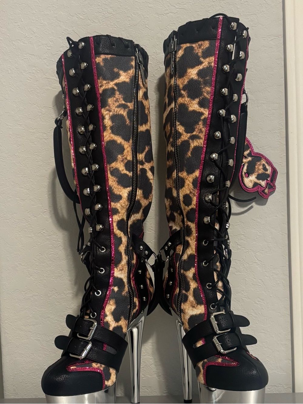 Discontinued NAMILIA Leopard Print Knee-High Platform Boots with Pink Trim
